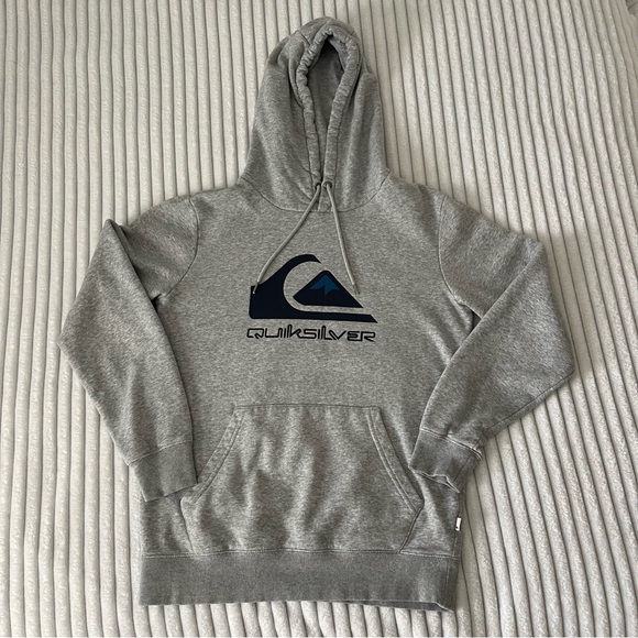 Quiksilver Hoodie Men’s Small Grey With Navy Logo Drawstrings - Picture 12 of 16